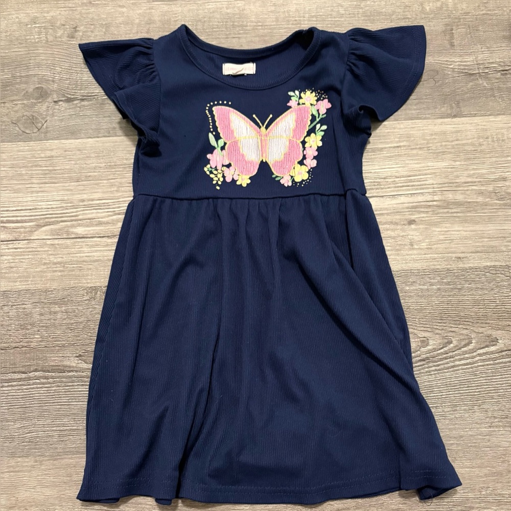 Lemon & Kiss Navy Dress with Pink Butterfly. 
Girls’ Size 5